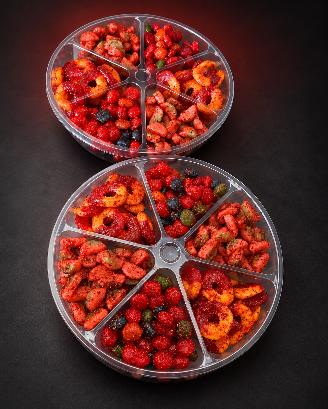 Two Tarugitos party trays filled with assorted chamoy-coated candies