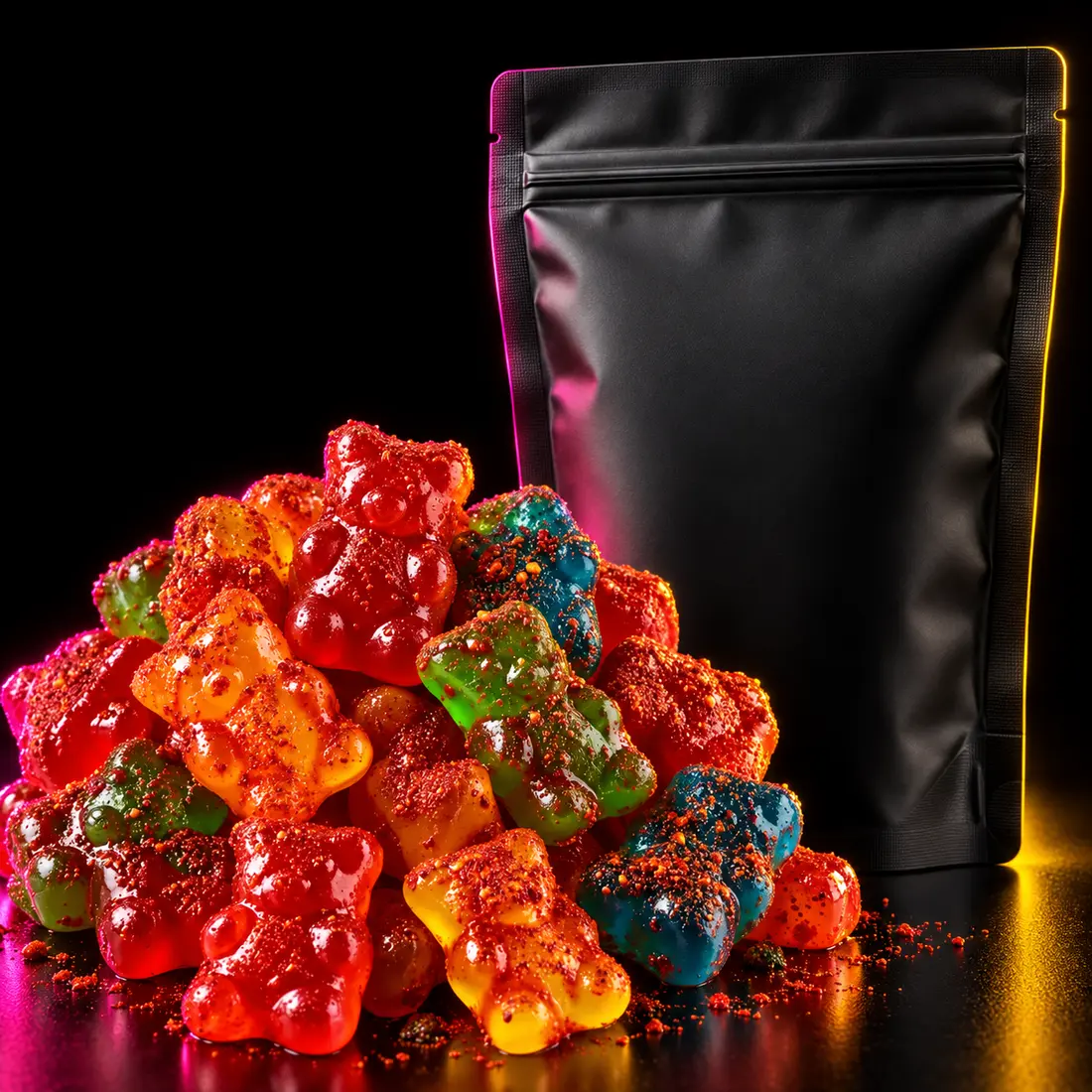 Chamoy and chile coated gummy bears beside a Tarugitos bag