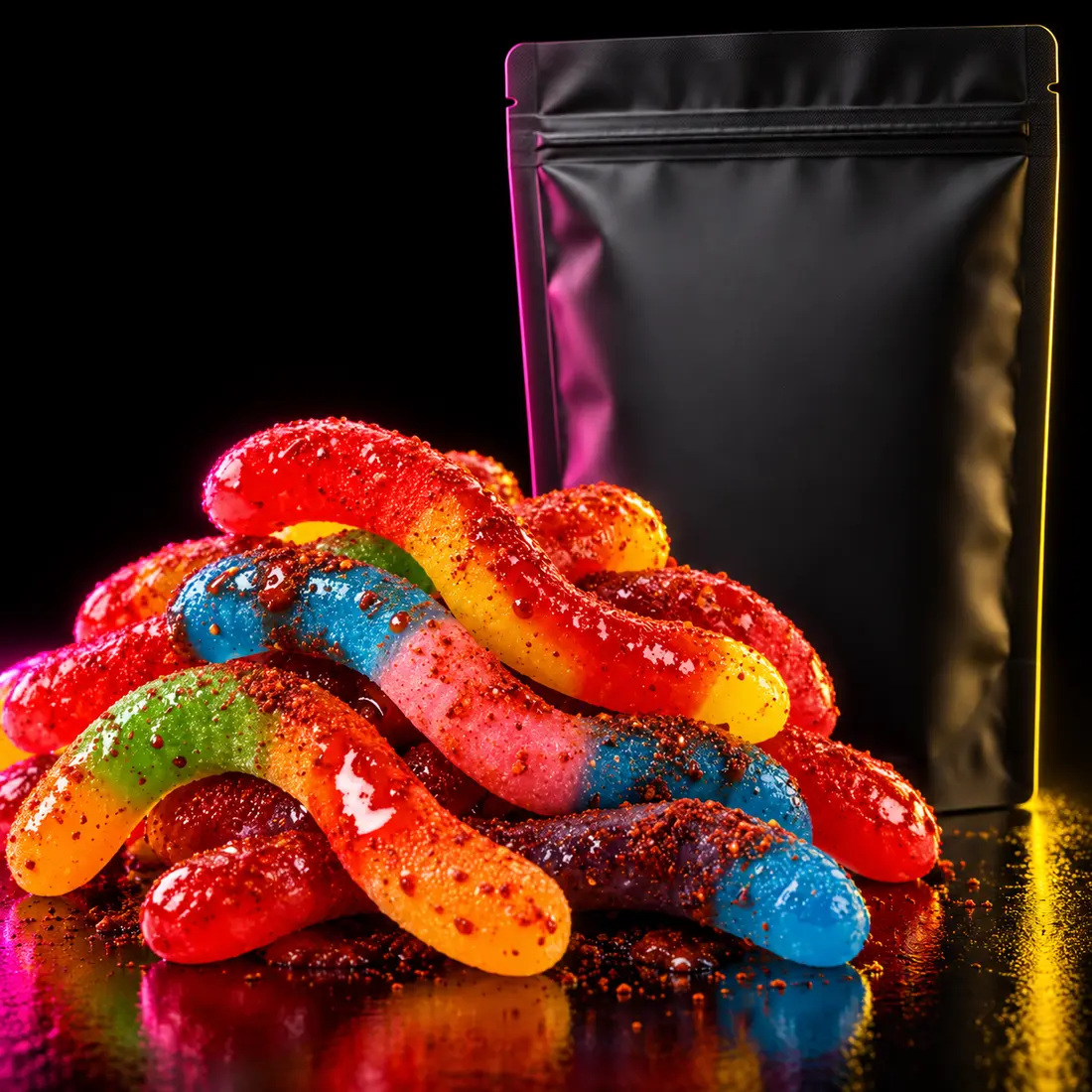 Chamoy and chile coated gummy worms beside a Tarugitos bag