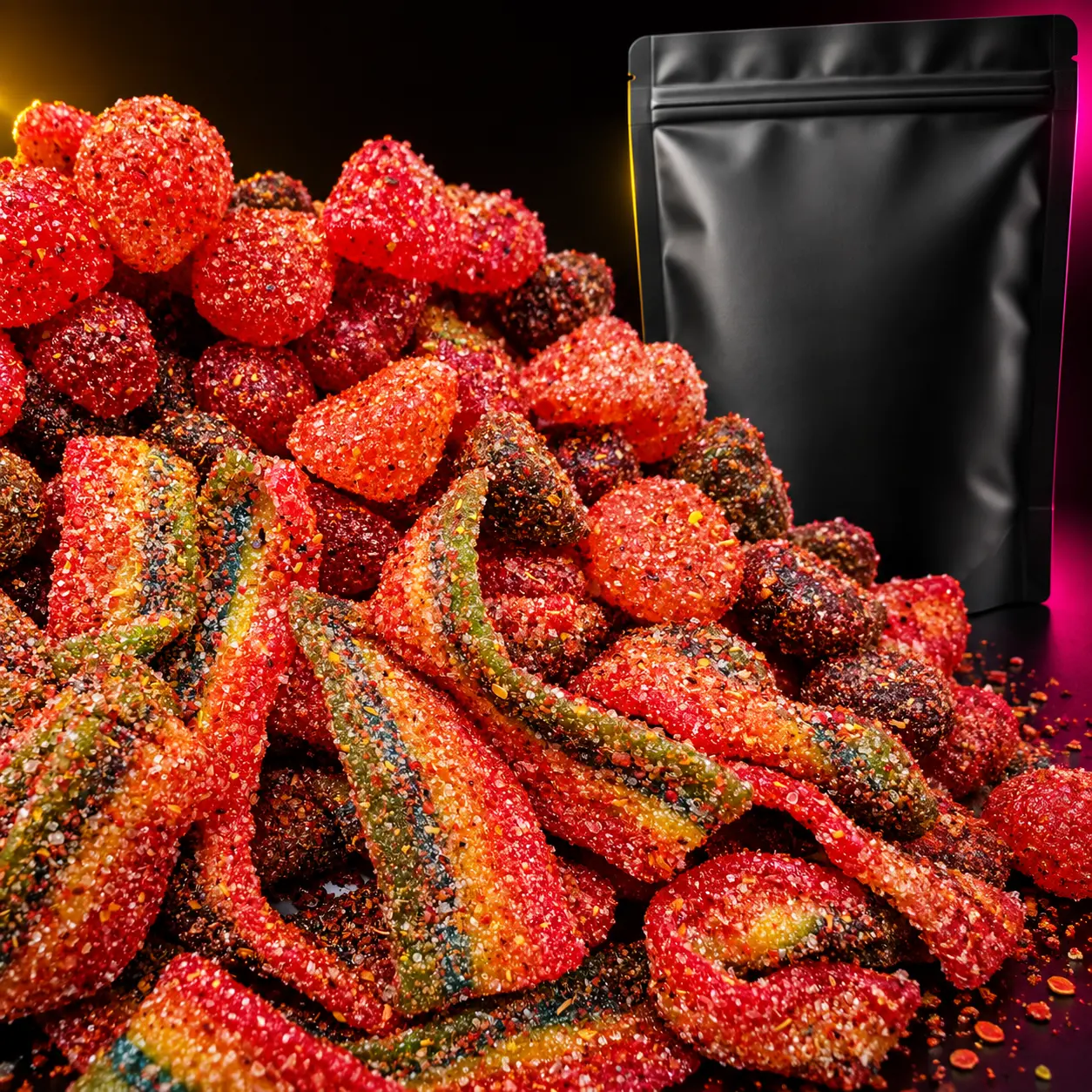 Assorted chamoy and chile coated candy beside a Tarugitos bag