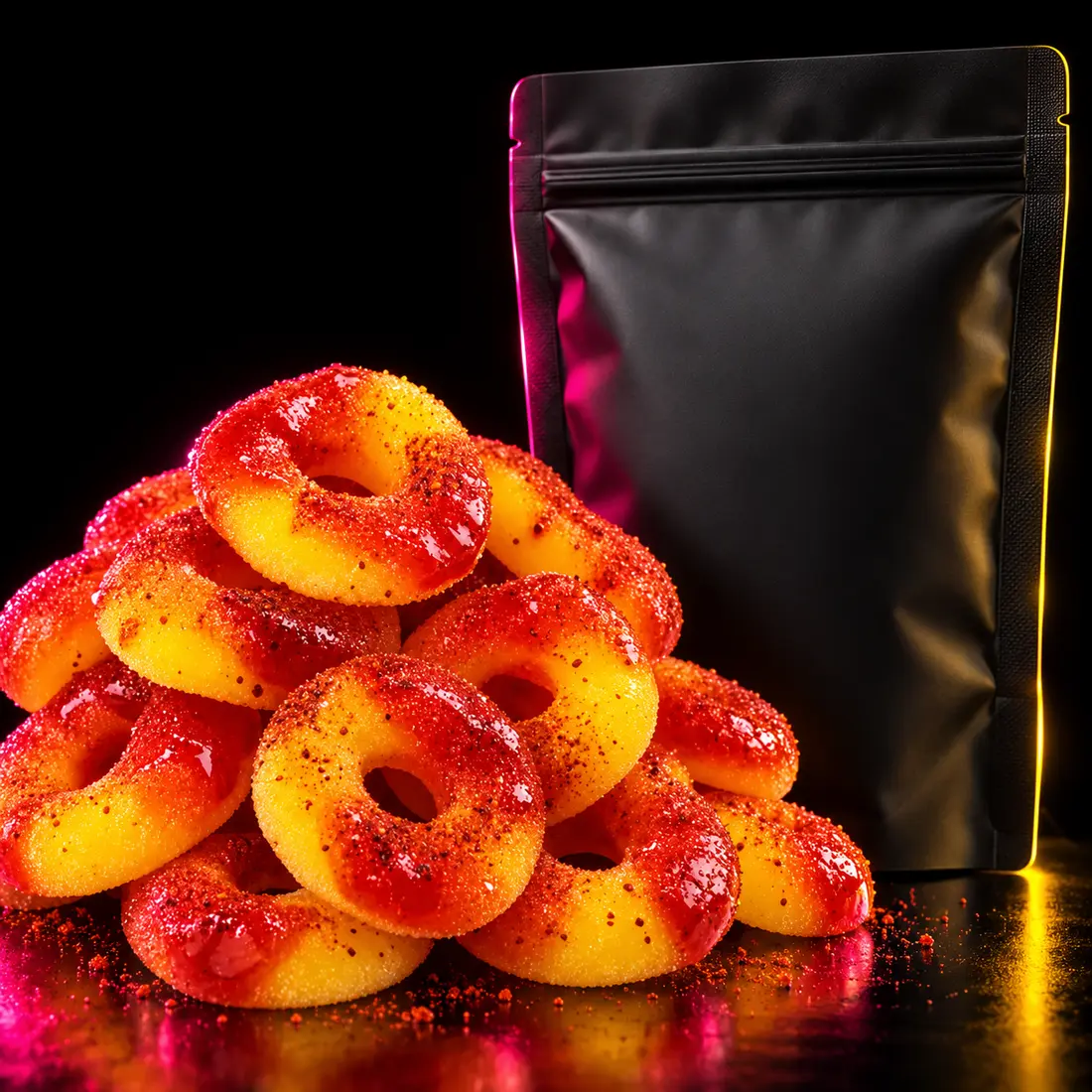 Chamoy and chile coated peach rings beside a Tarugitos bag