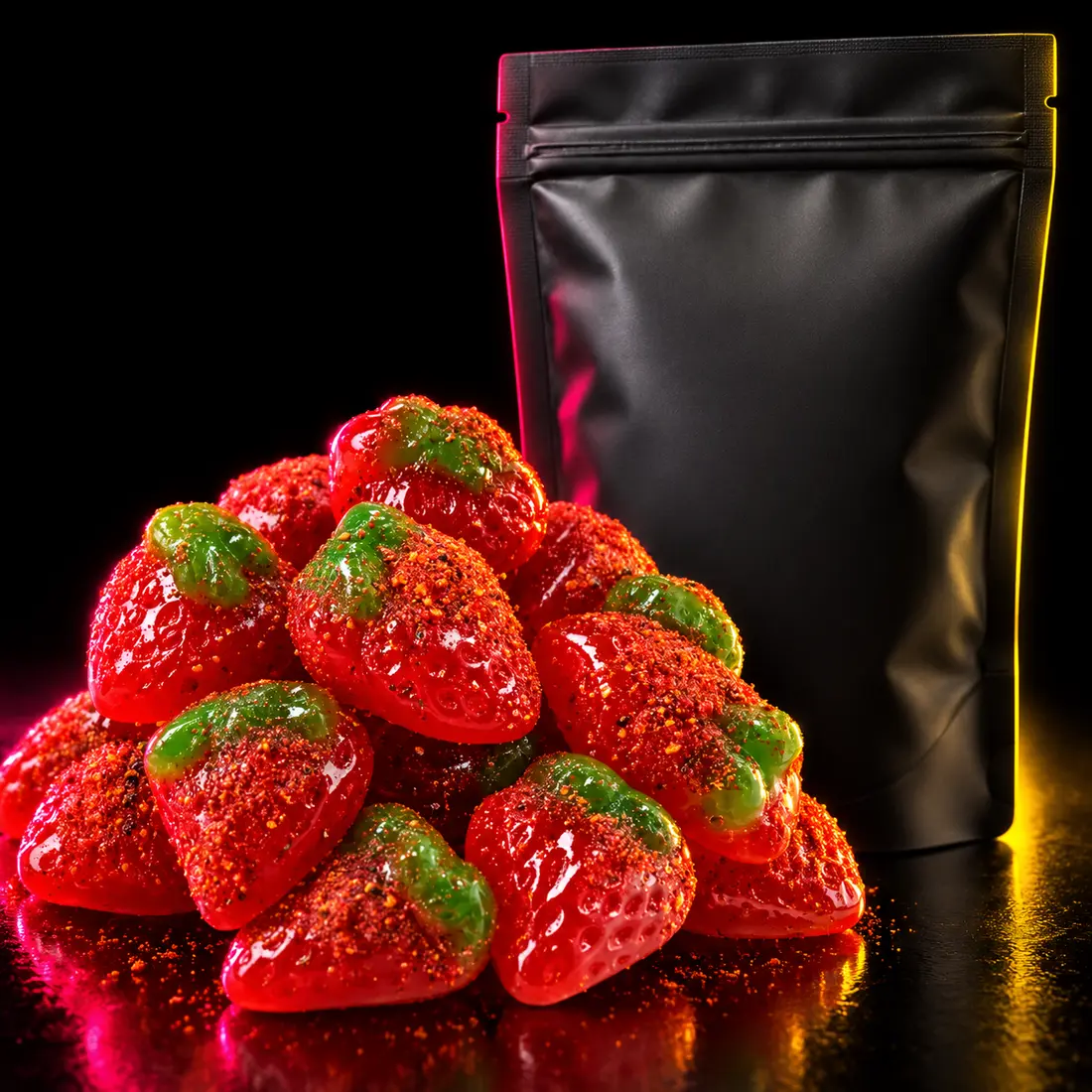 Strawberry-shaped Picafresas coated with chamoy and chile beside a Tarugitos bag
