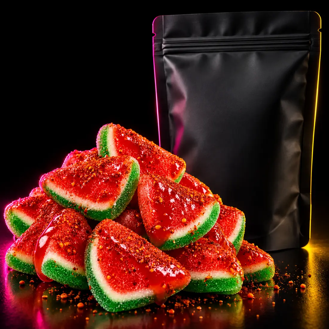 Watermelon-slice Picamelon gummies coated with chamoy and chile beside a Tarugitos bag