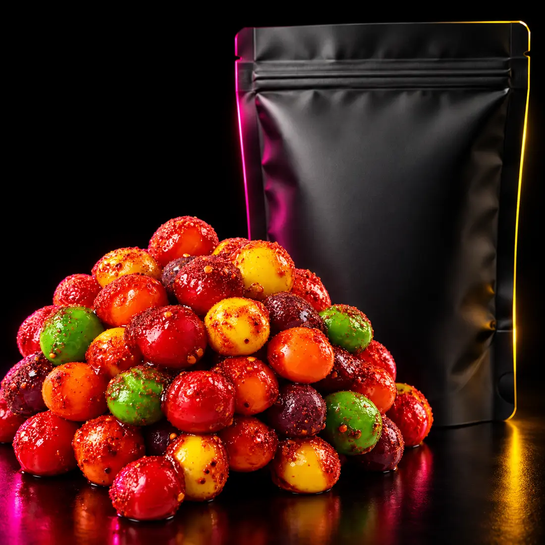 Chamoy and chile coated Skittles beside a Tarugitos bag